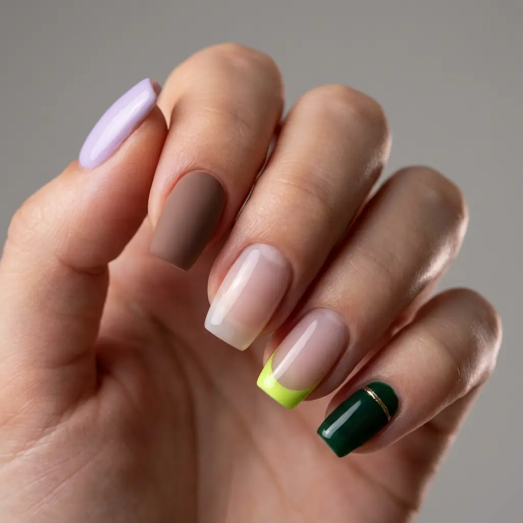 The image presents a close-up view of a human hand, specifically a female hand, posed against a soft, neutral grey background. The primary focus is on the meticulously manicured fingernails, each featuring a distinct color or design, showcasing a creative and varied nail art style. All nails are shaped into a modern square with slightly rounded edges.

From left to right, the thumb is painted a solid, glossy light lavender, while the index finger features a solid matte brown polish. The middle finger displays a classic French manicure with a clear or nude base and a crisp white tip. The ring finger also has a clear base but stands out with a vibrant neon yellow French tip, adding a playful pop of color. Lastly, the pinky finger is adorned with a glossy dark green polish, elegantly accented by two thin, horizontal gold lines near the cuticle.

Keywords: hand, female hand, manicure, nail art, nail polish, lavender, matte brown, French manicure, neon yellow, dark green, gold accent, square nails, modern nails, mixed manicure, beauty, cosmetics, nail care, fashion, fingers, close-up.