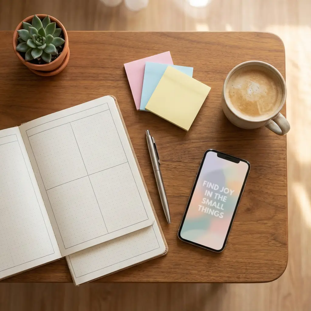 This overhead flat lay depicts a cozy and organized workspace setup on a warm, polished wooden table. In the top left, a small green succulent plant resides in a terracotta pot, adding a touch of nature. Towards the center, three stacks of pastel sticky notes in pink, light blue, and yellow are neatly arranged.

An open dot-grid journal with a light brown cover occupies the bottom left, showing a hand-drawn four-quadrant layout on its pages. A sleek silver pen rests diagonally across the middle, positioned between the journal and other items. To the right, a ceramic mug brimming with a frothy coffee beverage is present, and below it, a smartphone displays an inspiring message 