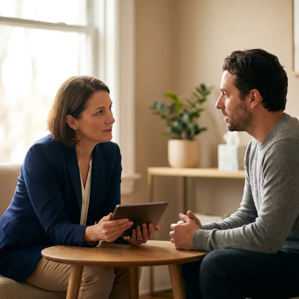This picture shows two adults, a woman and a man, engaged in a focused conversation in a well-lit, modern indoor setting. On the left, a woman with shoulder-length brown hair, dressed in a dark blue blazer and a white blouse, sits holding a digital tablet and appears to be listening intently to the man. Facing her on the right, a bearded man in a gray long-sleeved shirt speaks with a serious expression, his hands clasped in front of him. They are seated across a small, round wooden table, with background elements including a large window, a potted plant, and a tissue box on a side table, suggesting a comfortable yet professional environment often used for consultations or therapy.

Keywords: Woman, man, conversation, consultation, therapy session, tablet, wooden table, indoor, modern, attentive, speaking, listening, potted plant, natural light, serious, professional, discussion, client, counselor.