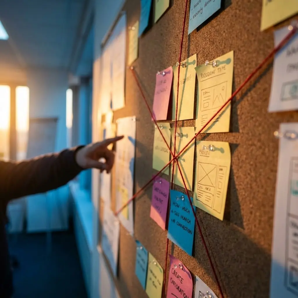 The image captures a detailed view of a person's arm and hand pointing towards a large cork board, which is densely covered with an assortment of colorful sticky notes and larger sheets of paper. Red threads crisscross the board, connecting various thumbtacks and creating an intricate web that links different ideas and concepts represented on the yellow, pink, and blue notes. Several sticky notes display handwritten text, simple sketches, and wireframe-like diagrams, suggesting brainstorming, project planning, or user experience design work. Warm, natural sunlight illuminates the scene from the left, highlighting the focused interaction with the board in what appears to be an office or collaborative workspace. The overall scene conveys a sense of deep thought, organization, and interconnected ideas.
Keywords: Brainstorming, cork board, sticky notes, red string, planning, project management, ideas, collaboration, design, user experience, wireframes, office, sunlight, organization, visual thinking, problem-solving, strategy, innovation, concept mapping, creative process.