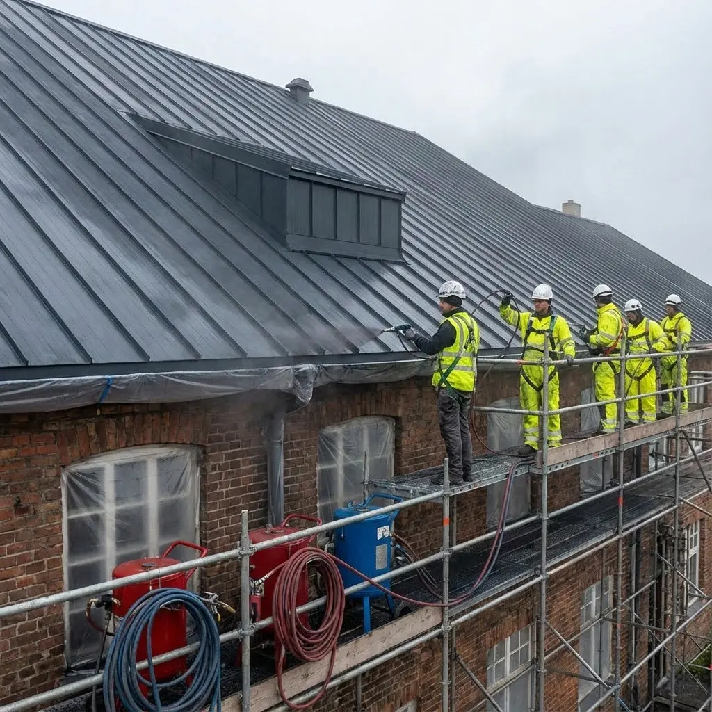 This detailed image captures a team of workers performing maintenance on the dark grey standing seam metal roof of a brick building. Five individuals, wearing high-visibility yellow protective suits, white hard hats, and safety harnesses, are positioned on a multi-level metal scaffolding structure alongside the building. One worker on the far left is actively spraying the roof with what appears to be a pressure washer or industrial spray gun, while mist rises from the area. Various industrial tanks, including red and blue units with coiled hoses, are visible on the lower levels of the scaffolding, indicating the specialized equipment used for cleaning or coating the roof. The brick facade below features arched windows covered with protective plastic sheeting, likely to shield them from the ongoing work.

Keywords: Workers, construction, scaffolding, metal roof, brick building, high-visibility gear, hard hats, pressure washing, industrial equipment, roof maintenance, renovation, safety, spraying, protective plastic, building exterior, standing seam, dormer, overcast, power washing.