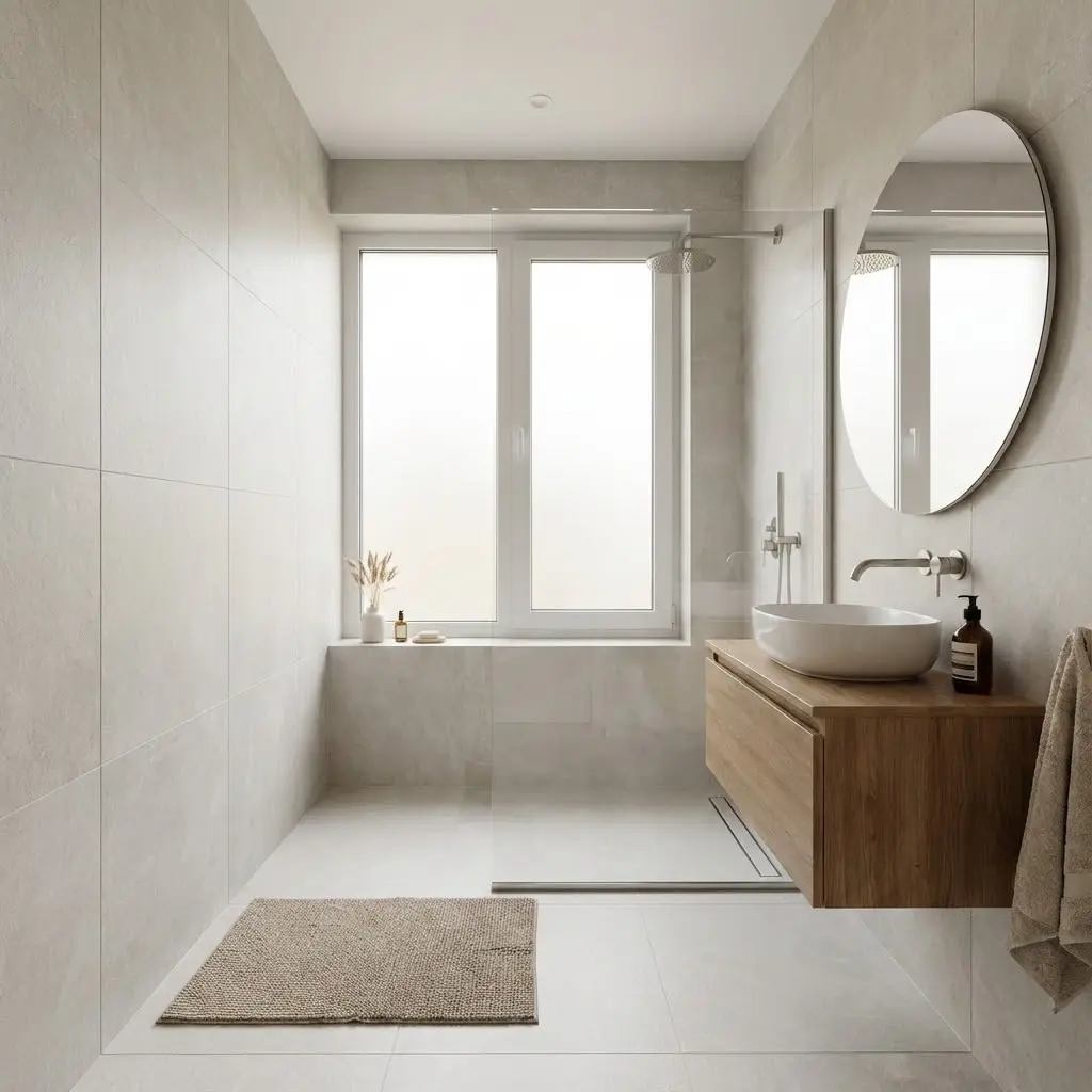 The image depicts a modern and minimalist bathroom, characterized by a serene neutral palette of light grey and white tones. Large rectangular tiles cover both the walls and floor, creating a cohesive and clean aesthetic. A prominent white-framed window with frosted panes dominates the far wall, providing diffused natural light and featuring a simple sill adorned with minimalist decor like dried grasses in a vase. To the right, a floating light wood vanity unit supports a pristine white oval vessel sink with a sleek wall-mounted faucet, while a large oval mirror hangs above, reflecting the bright space. A walk-in shower area, subtly defined by a clear glass panel and featuring a rain showerhead and linear drain, is located beside the vanity, with a textured light brown bath mat resting on the floor in front of it.

Keywords: Bathroom, modern, minimalist, neutral palette, light grey tiles, walk-in shower, rain showerhead, linear drain, floating wood vanity, vessel sink, oval mirror, wall-mounted faucet, frosted window, bath mat, clean, contemporary, serene, white sink, glass partition, dried grasses.