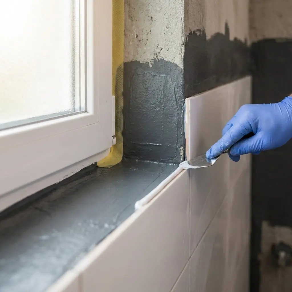 This detailed close-up image depicts a person's gloved hand meticulously applying a white sealant or caulk along the joint between a newly tiled wall and a dark grey window sill. The individual uses a small metal spatula or putty knife to smooth the bead of sealant, ensuring a clean and watertight finish. To the left, a white window frame is clearly visible, with a strip of yellow insulating material or tape tucked along its side against the rough concrete wall. The background shows various stages of construction or renovation, including sections of raw concrete and a band of dark grey waterproofing material painted onto the wall above the white tiles.

Keywords:
Caulking, sealing, sealant, renovation, construction, window, window sill, tile, waterproofing, concrete wall, spatula, gloved hand, home improvement, DIY, building, joint, finishing, repair, interior.