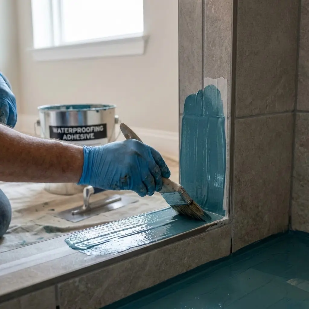 This image depicts a person, wearing blue protective gloves, meticulously applying a teal-colored waterproofing adhesive with a paintbrush. They are coating the tiled curb and the lower section of a vertical wall, likely part of a shower or wet room enclosure during a construction or renovation project. A silver bucket prominently labeled \