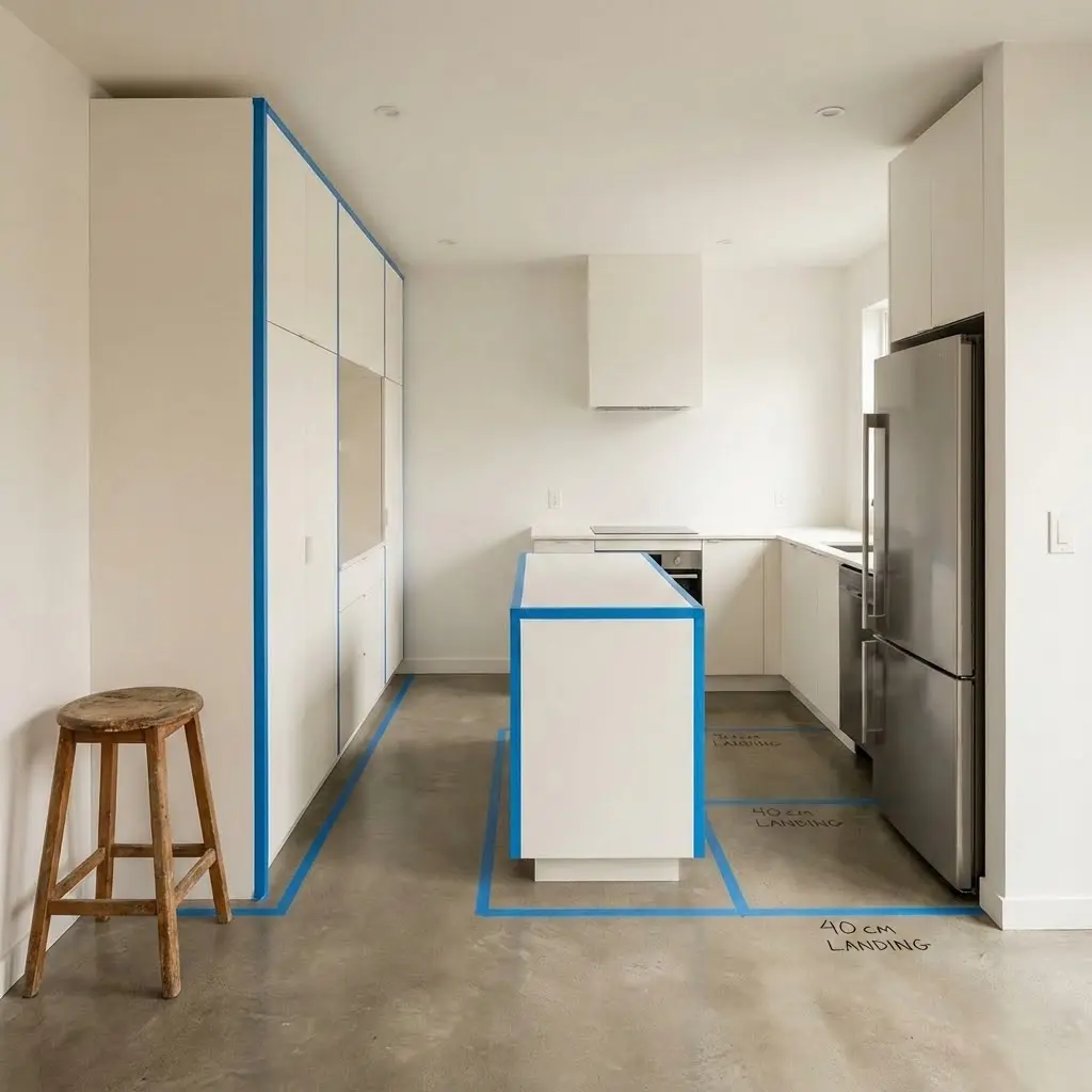 This image depicts a modern, minimalist kitchen space that appears to be in a design or planning phase. Dominating the scene are crisp white, handle-less cabinets along the left wall and a central kitchen island, both highlighted with bright blue painter's tape to outline their forms and edges. The light gray concrete floor features additional blue tape markings, indicating specific clearances and \