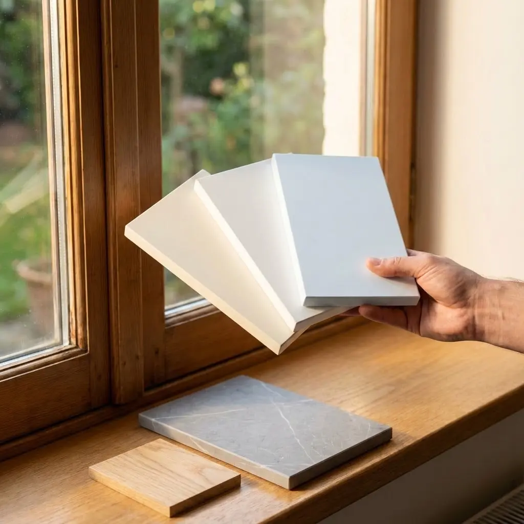This image captures a close-up view of various material samples being considered in natural light by a window. A person's hand holds three rectangular white or off-white samples, fanned out, showcasing different subtle shades and finishes. On the warm wooden windowsill, two more samples are present: a smaller square piece of natural wood with visible grain and a larger rectangular slab of grey material with a white marble-like veining pattern. Through the wooden-framed window, a blurred green garden is visible, indicating an outdoor setting and providing soft ambient light for evaluating the materials. The scene suggests a process of material selection for interior design, renovation, or home decor.

Keywords: Material samples, interior design, renovation, home decor, window sill, natural light, wooden frame, white finishes, marble effect, wood grain, selection process, textures, building materials, design consultation, architectural materials, home improvement, daylight, outdoor view, hand holding, display.