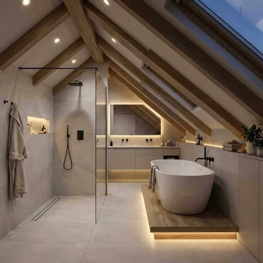 This image depicts a luxurious and modern bathroom located in an attic or loft space, characterized by its striking exposed wooden ceiling beams and a large skylight. On the left, a spacious walk-in shower features a glass partition, sleek black fixtures, and a recessed lighted niche for toiletries, with a bathrobe hanging on the wall. In the center, a contemporary double vanity with light grey cabinetry is illuminated by a large backlit mirror and stylish wall-mounted black faucets above integrated sinks. A sophisticated freestanding white bathtub rests on a raised wooden platform, dramatically lit from beneath by warm LED strip lights that also accentuate the vanity and shower niche. The design blends natural materials with minimalist aesthetics, creating a bright, elegant, and spa-like atmosphere.\n\nKeywords: Bathroom, Attic, Loft, Modern, Luxury, Wooden beams, Skylight, Walk-in shower, Freestanding tub, Double vanity, LED lighting, Recessed lighting, Lighted mirror, Grey tiles, Wood platform, Minimalist, Spa-like, Black fixtures, Interior design, Home decor