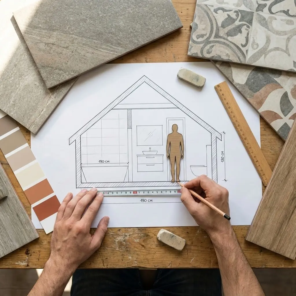 This overhead shot depicts a detailed architectural or interior design process taking place on a rustic wooden table. A person's hands are shown actively working on a cross-section drawing of a bathroom, which includes a bathtub, vanity with a sink and mirror, and a toilet, all designed within a space featuring a sloped ceiling, likely an attic. Various material samples, such as different styles of ceramic tiles, wood flooring, and a color palette strip, are spread around the drawing, indicating choices for the room's finishes. The drawing also features a wooden human cutout for scale and measurements, with tools like a ruler, pencil, and eraser highlighting the meticulous planning involved in home renovation.\n\nKeywords: Interior design, architectural drawing, bathroom plan, renovation, material samples, ceramic tiles, wood flooring, color palette, drafting, blueprint, ruler, pencil, human scale, design process, home improvement, cross-section, measurements, wooden table.