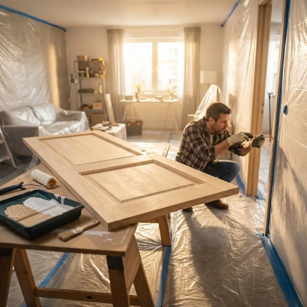 This picture depicts a man actively engaged in home renovation, specifically painting a door frame within a room prepared for work. In the foreground, a light-colored wooden panel door rests on two sawhorses, with a paint tray holding both white and a lighter beige paint, along with a roller and a brush, suggesting it's also awaiting painting. The man, wearing a plaid shirt and protective gloves, is focused on carefully applying paint to the wooden door frame to the right. The room's furniture, including a sofa, and the floor are covered with clear plastic sheeting, secured with blue tape, indicating thorough preparation to protect surfaces from paint. Bright natural light streams in through a large window in the background, illuminating the room and casting a warm glow on the ongoing project.

Keywords: renovation, painting, home improvement, man, DIY, door, door frame, protective sheeting, paint, brush, roller, sawhorses, covered furniture, bright window, domestic setting, work in progress, wood, tools, plaid shirt, gloves.
