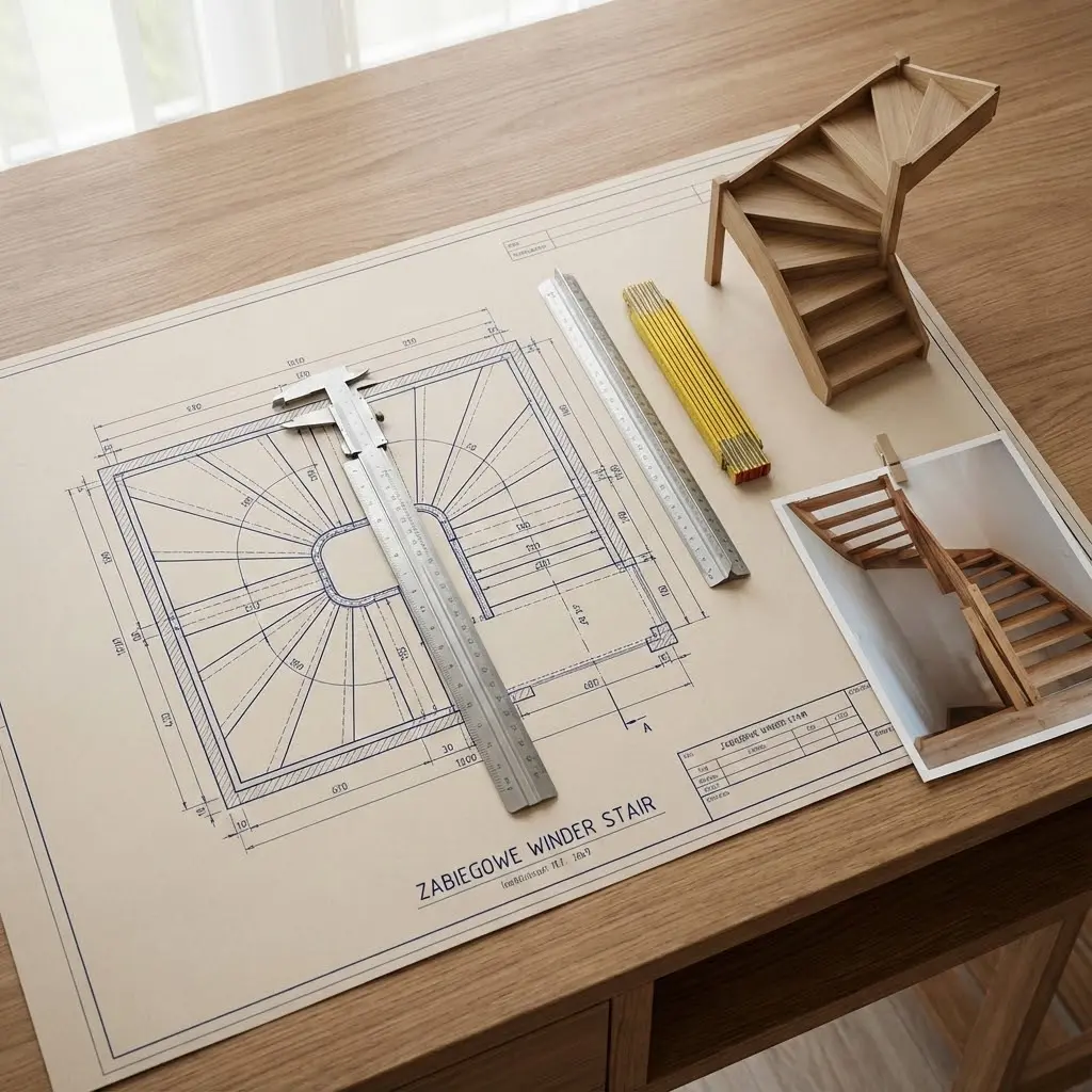 This image depicts a professional workspace focused on the design and realization of a staircase. Central to the composition is a detailed architectural blueprint of a \
