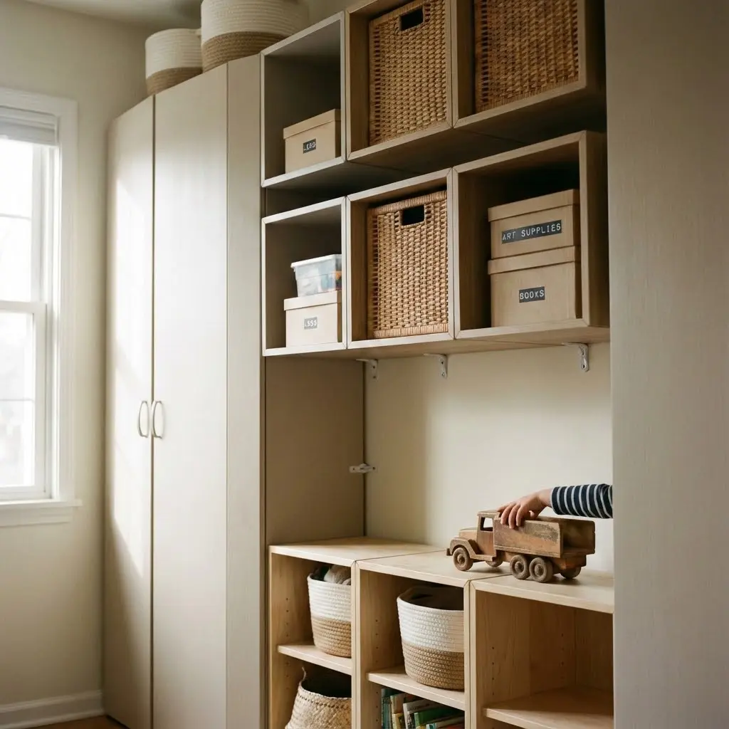 This image depicts a brightly lit and well-organized storage area, likely a children's room or playroom. On the left, a tall, light beige double-door cabinet stands next to a window, providing substantial hidden storage. To the right, a modular shelving system made of light wood features various storage solutions, including square cubbies holding woven baskets and labeled cardboard boxes for \