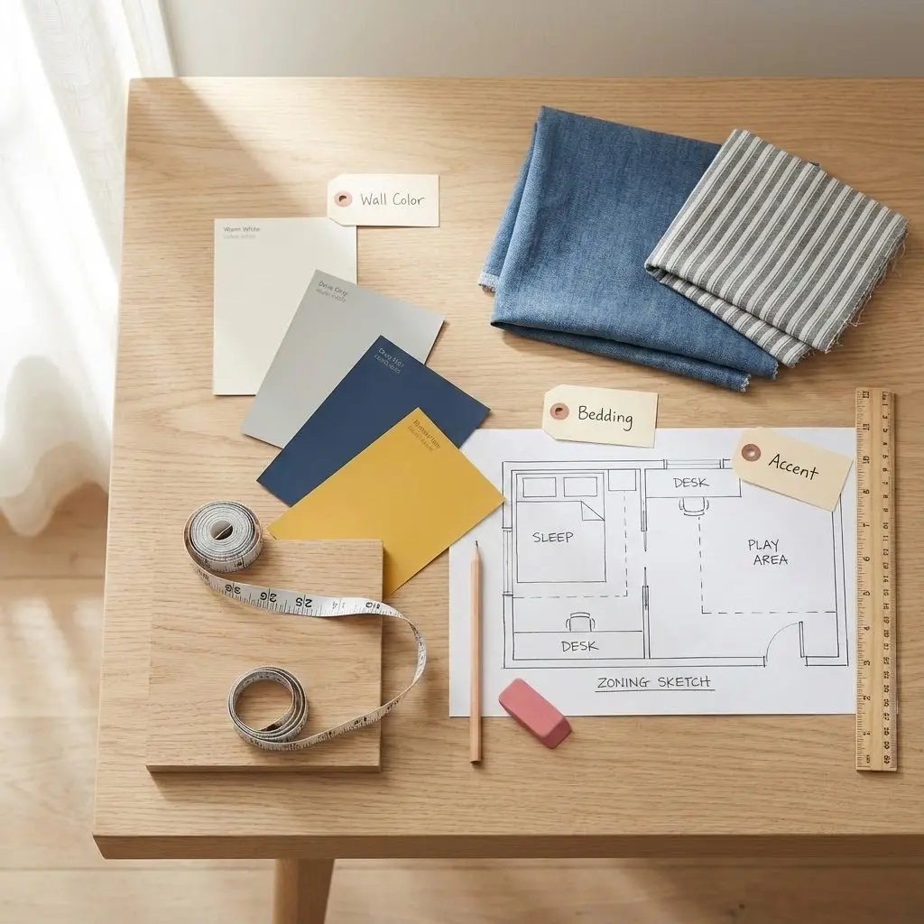This overhead shot depicts a meticulously arranged collection of interior design elements spread across a light wooden table. Central to the composition are several paint swatches in warm white, light grey, deep blue, and mustard yellow, clearly labeled \