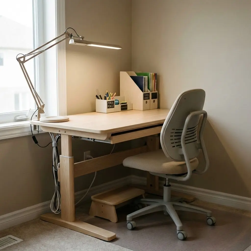 This image depicts a bright and organized home office or study area, likely designed for focused work or learning. A light wood, height-adjustable standing desk is positioned in the corner of a room next to a large window, allowing for ample natural light. The desk features a modern, articulated LED desk lamp, and is neatly arranged with white organizers holding pens, pencils, and colorful notebooks in a magazine file holder. An ergonomic office chair with a light fabric seat and back, along with a small wooden footrest, completes this functional and comfortable workspace. Visible cable management beneath the desk ensures a tidy appearance.\n\nKeywords: Home office, study nook, adjustable desk, standing desk, ergonomic chair, desk lamp, organizers, cable management, wooden desk, footrest, modern, neutral colors, clean, window, organized, workspace.