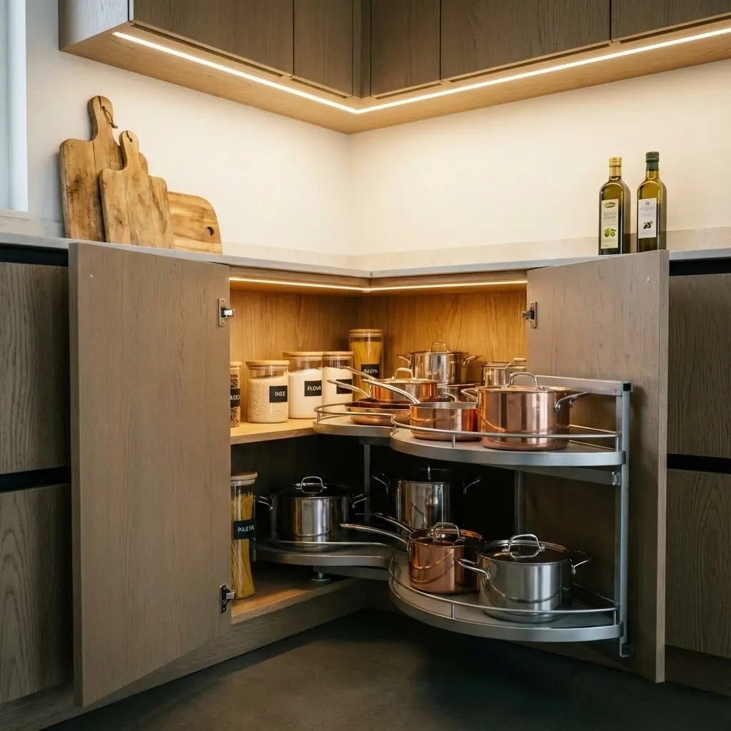 The image showcases a well-lit, modern kitchen corner featuring innovative storage solutions within its base cabinets. On the left side, an open shelving unit displays neatly organized clear glass jars filled with dry goods like rice and flour, alongside a tall jar of pasta. The focal point is the ingenious corner cabinet, equipped with a multi-tiered, semi-circular pull-out shelving system designed to maximize space, laden with a variety of metallic cookware, including shiny copper and stainless steel pots and pans. Warm LED strip lighting illuminates both the interior of the base cabinets and the underside of the upper cabinetry, creating an inviting and functional workspace. Above the countertop, several wooden cutting boards lean against the wall, and two bottles of olive oil are visible on the right, completing the practical and stylish kitchen scene.

kitchen, corner cabinet, kitchen storage, pull-out shelves, pots, pans, copper pots, stainless steel cookware, glass jars, dry goods, pasta, organization, modern design, LED lighting, cutting boards, olive oil, functional, space-saving