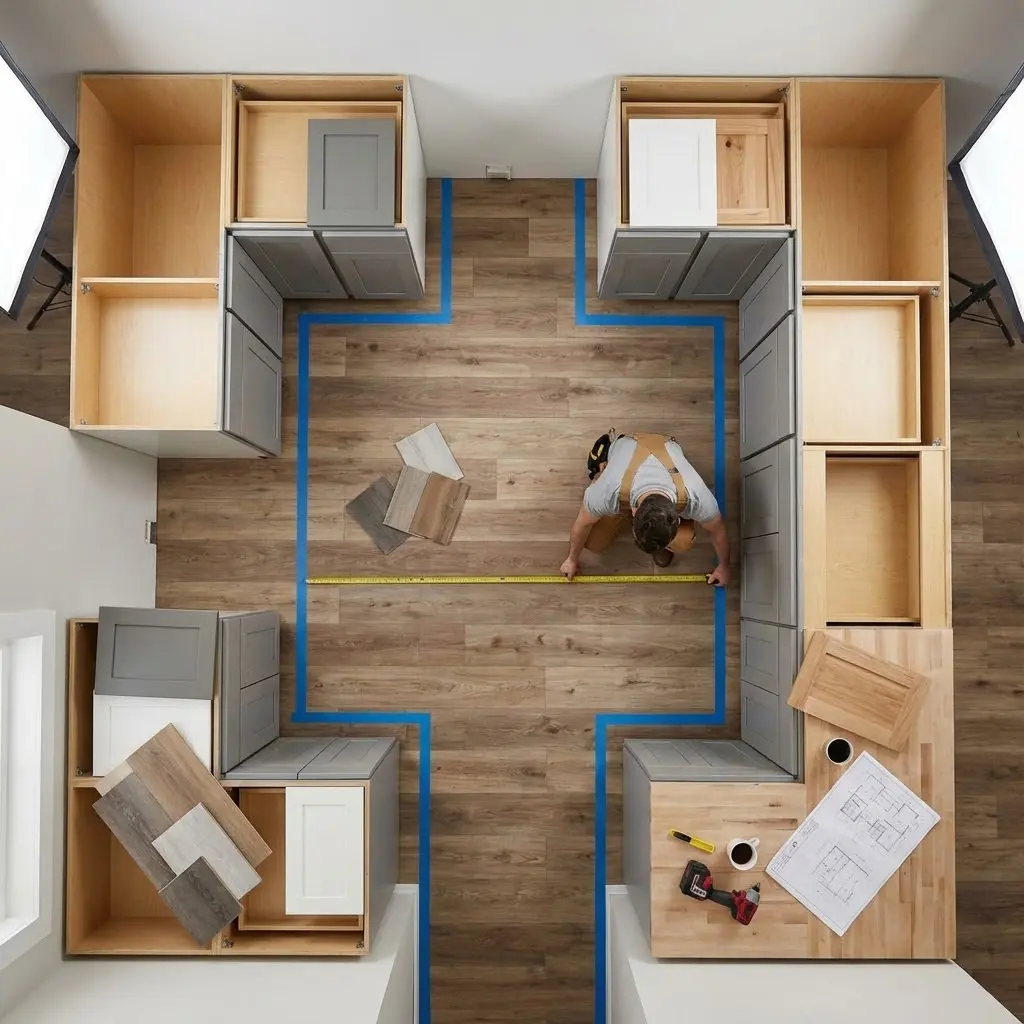 This overhead image depicts a kitchen under renovation or in the planning phase, showcasing a worker measuring the floor with a tape measure in the center. The floor is covered in warm-toned wood-look planks, with blue painter's tape outlining a U-shaped layout for new cabinetry. Various kitchen cabinets, some with grey or white doors and others as open, light wood boxes, are arranged around the room's perimeter, indicating different stages of assembly. On a butcher-block style countertop, a blueprint, cordless drill, marker, and two coffee mugs suggest an active workspace, while large softbox lights reveal a staged photography setup for home improvement imagery.

**Keywords:** Kitchen renovation, cabinet installation, overhead view, wood flooring, tape measure, worker, blueprint, kitchen layout, home improvement, grey cabinets, cordless drill, staged photography, design planning, construction, cabinetry, floor marking, countertop, interior design.