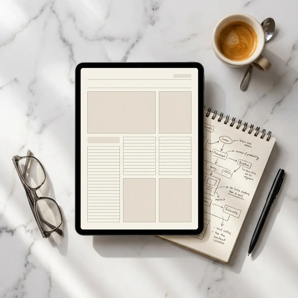 This image presents a serene flat lay of a well-organized workspace, elegantly set on a pristine white marble surface. Dominating the center is a black tablet displaying a digital planner or layout template, characterized by various beige-toned boxes and lined sections for organization. To the left, a pair of stylish dark-rimmed eyeglasses rests, while the right side features a small cup of espresso with a silver spoon, a spiral-bound notebook open to a page with a handwritten flowchart, and a sleek black pen. The scene is bathed in bright, natural light, creating soft shadows that enhance the depth and convey a sense of calm productivity.

Keywords: Flat lay, workspace, marble, tablet, digital planner, eyeglasses, coffee, espresso, notebook, flowchart, pen, productivity, organization, study, desk, overhead, minimalist, natural light, shadows, planning.