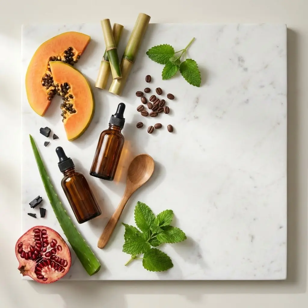 This flat lay image showcases a diverse collection of natural ingredients and tools, suggesting themes of beauty, wellness, or herbal remedies, all artfully arranged on a pristine white marble surface. On the left side, two halves of a vibrant orange papaya with visible seeds are prominently featured, alongside a long green aloe vera leaf, scattered pieces of dark charcoal, and a cut half of a pomegranate revealing its succulent ruby arils. Towards the center and right, two amber glass dropper bottles and a simple wooden spoon are neatly placed among sprigs of fresh green mint leaves and a scattering of brown coffee beans. In the upper part of the image, three stalks of light green bamboo complete this clean, organic, and appealing composition.
**Keywords:**
Natural ingredients, beauty, wellness, skincare, flat lay, marble, papaya, pomegranate, aloe vera, mint, bamboo, coffee beans, charcoal, dropper bottles, wooden spoon, organic, herbal, cosmetics, health, natural remedies.