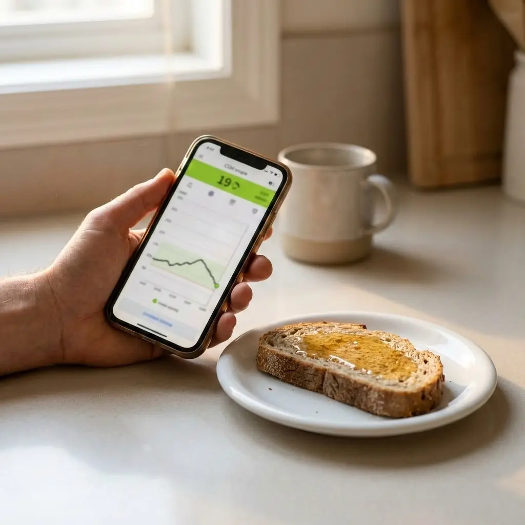 The image captures a close-up scene on a sunlit kitchen countertop, where a hand holds a smartphone displaying a Continuous Glucose Monitor (CGM) app. The phone screen shows a green numerical score of "19" and a fluctuating green line graph, likely indicating blood sugar levels over time, with options for a 'Feedback survey' at the bottom. Adjacent to the phone, a slice of whole-grain bread topped with golden honey or syrup rests on a simple white plate. In the background, sunlight streams through a window, illuminating a two-toned ceramic mug and a wooden cutting board, suggesting a morning meal or snack.
Smartphone, hand, CGM app, glucose monitor, blood sugar graph, numerical score, bread, honey, syrup, white plate, kitchen countertop, sunlight, window, ceramic mug, wooden cutting board, breakfast, healthy lifestyle, health technology, diet, monitoring.
