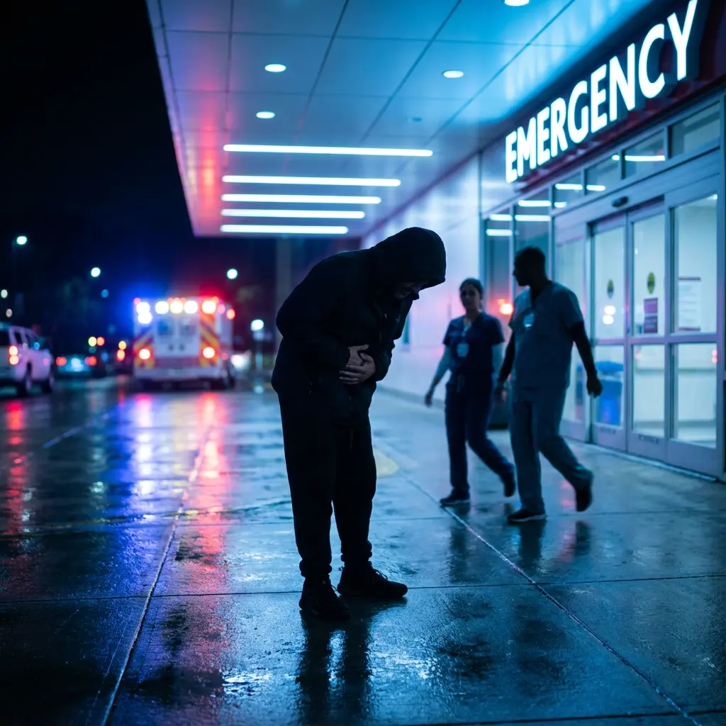 This dramatic image depicts a person in a dark hooded jacket, hunched over and clutching their stomach, seemingly in significant pain or distress outside a hospital emergency room at night. The brightly lit \