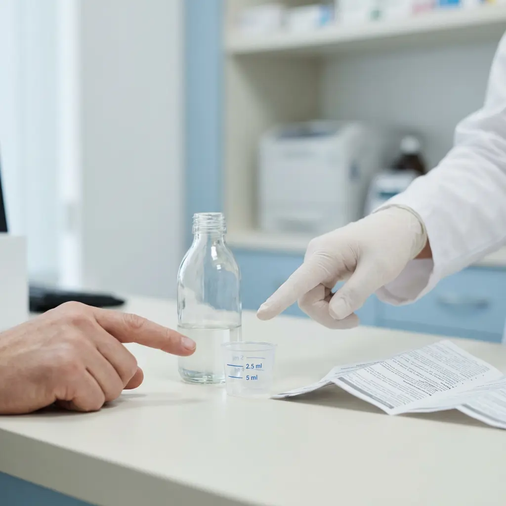 This picture depicts an interaction at a counter, likely in a pharmacy or medical office, between two individuals. A person in a white lab coat and medical gloves, presumably a pharmacist or healthcare professional, points their index finger towards a small transparent measuring cup marked with 2.5 ml and 5 ml increments, and a clear glass bottle containing a liquid. The other person's bare hand, also with an extended index finger, points towards the bottle, suggesting a discussion or instruction regarding dosage. A folded medication leaflet or instructions lies on the white countertop next to the measuring cup, further emphasizing the context of dispensing or explaining medicine.\n\nKeywords: Pharmacy, medical consultation, pharmacist, patient, medication, dosage, measuring cup, liquid medicine, bottle, instructions, healthcare, dispensing, hands, gloves, lab coat, countertop, health advice, prescription, medicine bottle, explanation
