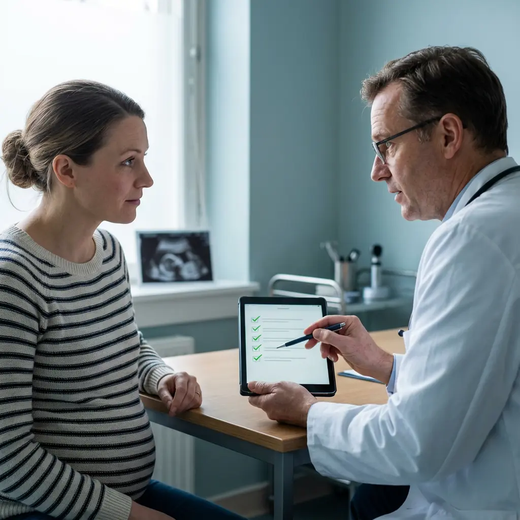 The image depicts a pregnant woman in a medical consultation with a male doctor. The doctor, dressed in a white lab coat and stethoscope, is holding a digital tablet and pointing with a stylus to a checklist displayed on the screen. The visibly pregnant woman, wearing a striped sweater, is seated across a wooden table from the doctor, attentively listening and observing the tablet's contents. In the background, an ultrasound image is framed on a shelf, underscoring the prenatal context of the visit.

**Keywords:**
Pregnant woman, doctor, medical consultation, prenatal care, tablet, digital checklist, stylus, ultrasound image, healthcare, patient, physician, examination room, communication, technology, discussion, lab coat, stethoscope, expectant mother.