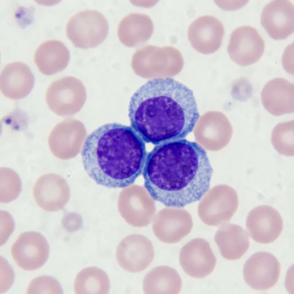 This microscopic image displays a blood smear, primarily featuring three large, abnormal cells clustered together amidst numerous red blood cells and scattered platelets. The prominent abnormal cells exhibit features typical of immature white blood cells, characterized by large, intensely purple, round-to-irregular nuclei with finely dispersed chromatin, and a moderate amount of basophilic (blue-purple) cytoplasm with an irregular contour, indicating a high nuclear-to-cytoplasmic ratio. Surrounding these cells are numerous anucleated, biconcave red blood cells with central pallor, along with a few very small, irregularly shaped purple platelet fragments. The presence of these large, immature cells strongly suggests a hematological abnormality, such as leukemia or lymphoma, often seen in a peripheral blood sample.

**Keywords:** Microscopic, blood smear, hematology, blast cells, immature cells, leukemia, lymphoma, atypical cells, large nucleus, basophilic cytoplasm, high N:C ratio, erythrocytes, red blood cells, platelets, thrombocytes, pathology, cell morphology, peripheral blood.
