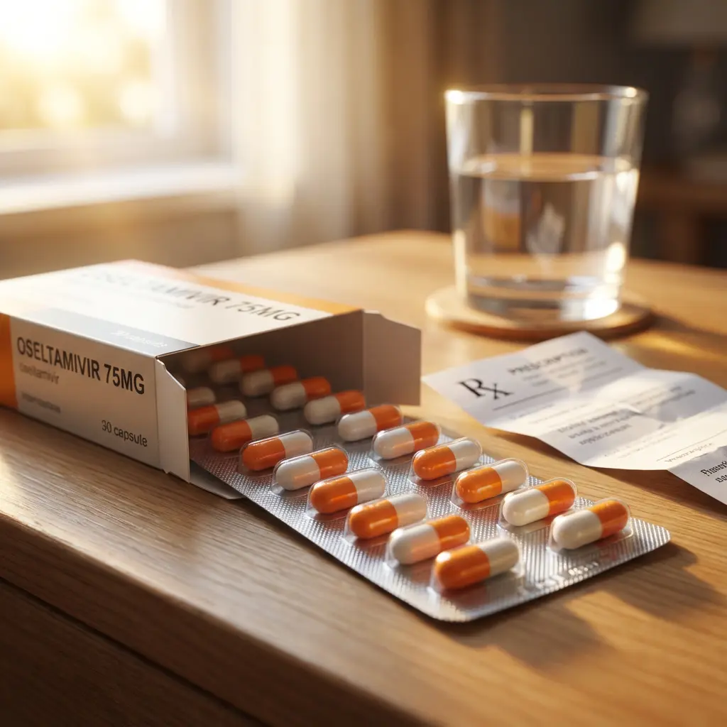 This detailed image captures a medical still life scene on a warm, wooden table surface. An open box of medication prominently displays \