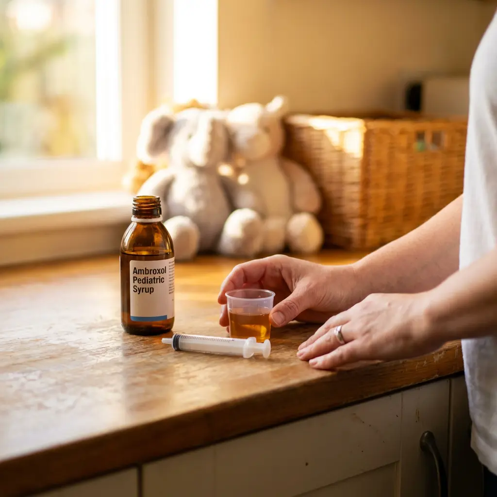 This image captures a close-up scene of a person preparing medicine for a child on a warm, wooden kitchen counter. A brown glass bottle labeled \
