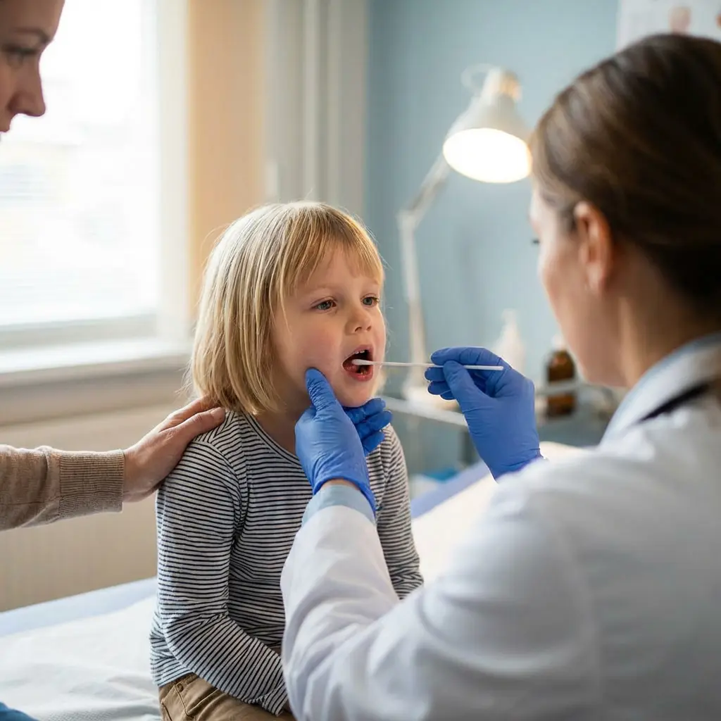 This image captures a moment in a medical examination room where a doctor is attending to a young child. The doctor, wearing a white lab coat and blue medical gloves, is gently taking a throat swab from the child, whose mouth is open. An adult, presumably the child's mother, is visible on the left, offering comfort and support by placing a reassuring hand on the child's shoulder. The scene conveys a sense of professional care and parental support during what appears to be a routine or diagnostic medical procedure in a bright, clinical setting.

Keywords: Child, doctor, throat swab, medical examination, patient, mother, healthcare, clinic, pediatrician, lab coat, gloves, diagnostics, care, comfort, test, medical procedure, blonde hair, open mouth.