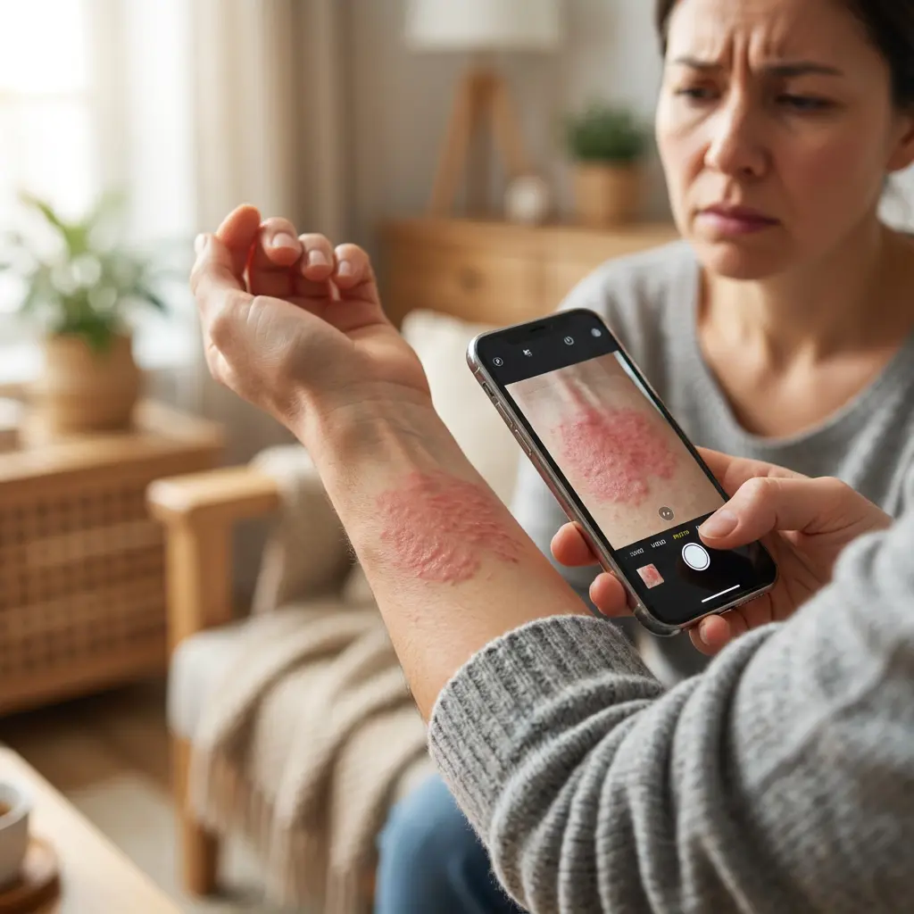 This image depicts a close-up view of a person using a smartphone to photograph a prominent, red, and inflamed skin rash on another person's forearm. The rash appears bumpy and irritated, covering a significant area of the wrist, and is clearly visible on both the actual arm and the phone's camera screen. In the blurred background, a woman with a concerned expression is partially visible, suggesting she is the person whose arm is being photographed or someone observing the situation. The setting appears to be a comfortable indoor environment, likely a living room, with soft lighting and subtle hints of furniture and houseplants.

Keywords: skin rash, smartphone, photography, arm, forearm, redness, inflammation, allergic reaction, medical, telehealth, concern, worried, indoor, domestic, woman, camera screen, skin condition, dermatology, healthcare, digital health.