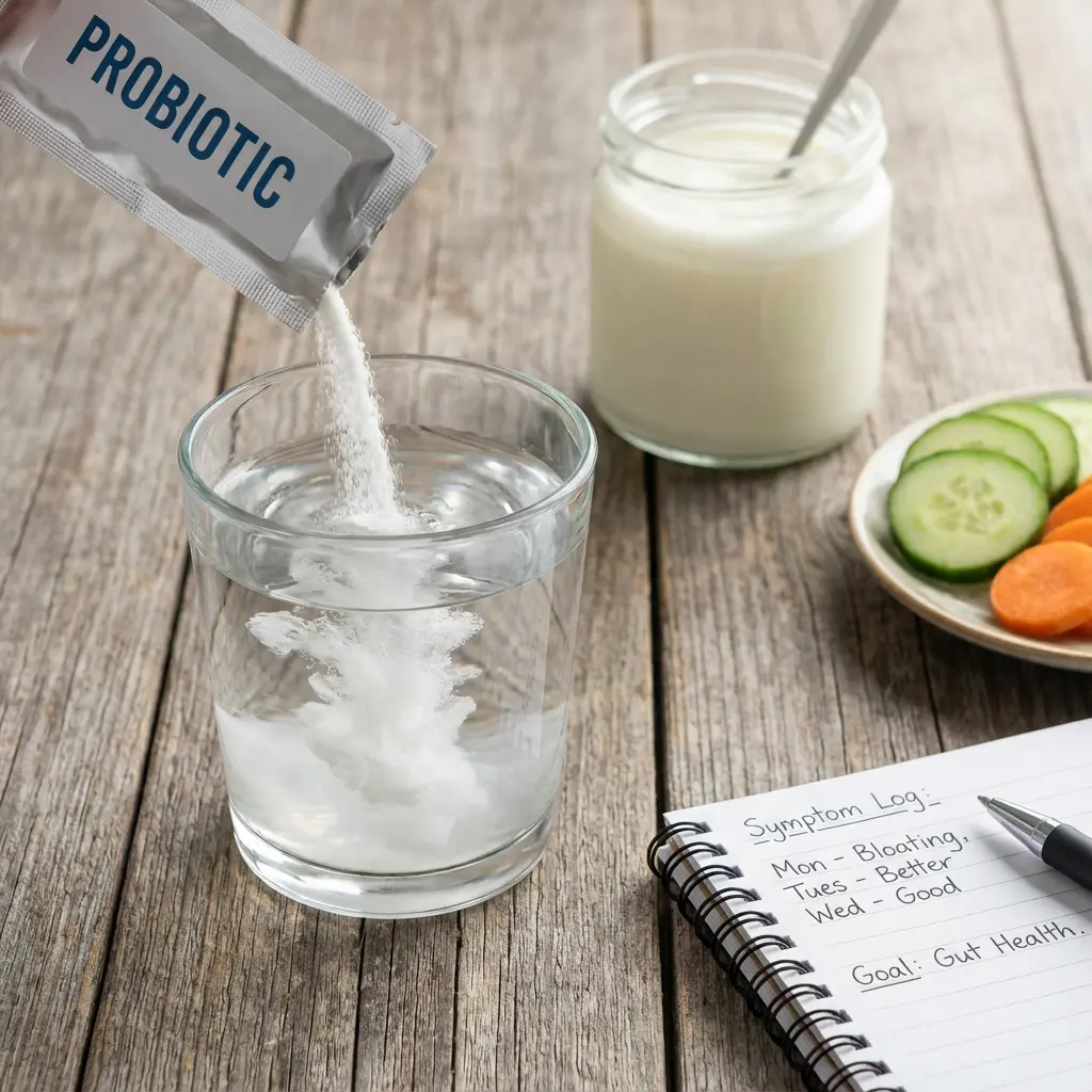 This detailed picture illustrates a scene focused on digestive health and wellness. In the foreground, white probiotic powder is actively being poured from a silver sachet, clearly labeled \