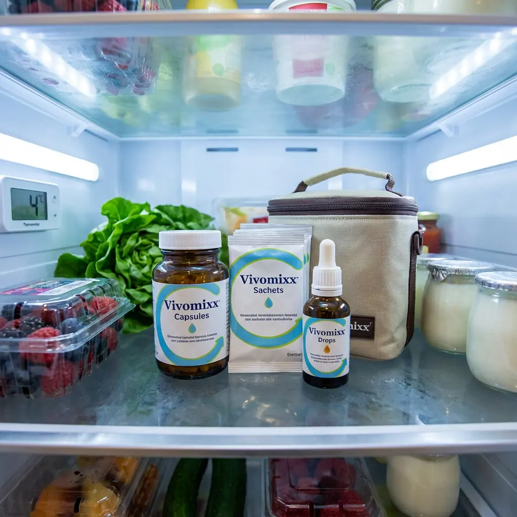 This detailed picture showcases the interior of a modern, well-lit refrigerator, emphasizing organization and optimal storage conditions for both food and specific health products. Prominently displayed on the central glass shelf are three Vivomixx probiotic products – a bottle of capsules, several sachets, and a small dropper bottle – all carefully stored alongside fresh produce like mixed berries and a head of lettuce. A digital thermometer attached to the back wall clearly shows a temperature of 4°C, highlighting the importance of refrigeration for these items, with a beige insulated bag and small jars of dairy products also visible on the shelf. The upper and lower shelves contain various other food containers, including more yogurts and fresh produce, underscoring a well-stocked and health-conscious household.
Keywords: Refrigerator, fridge interior, Vivomixx, probiotics, mixed berries, lettuce, yogurt, capsules, sachets, drops, digital thermometer, 4°C, insulated bag, fresh produce, cold storage, healthy living, organized, glass shelves.