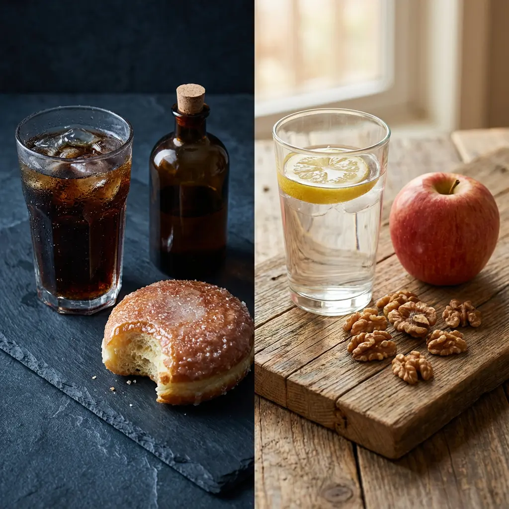 This picture presents a striking visual contrast between less healthy and healthier food and drink options, divided into two distinct halves. On the left, a dark, moody background highlights a glass of iced cola, a dark corked bottle, and a glistening, sugar-glazed donut with a bite taken out, resting on a dark slate surface. In stark contrast, the right side features a brighter, natural setting with a glass of clear water containing a lemon slice, a vibrant red apple, and several walnuts scattered on a rustic wooden table and a small wooden cutting board. The image effectively juxtaposes indulgent treats with refreshing, wholesome alternatives, inviting a reflection on dietary choices.

Keywords: contrast, healthy, unhealthy, cola, donut, sugar-glazed, dark bottle, cork, slate, water, lemon, apple, walnuts, rustic wood, natural light, beverage, snack, nutrition, lifestyle, comparison.