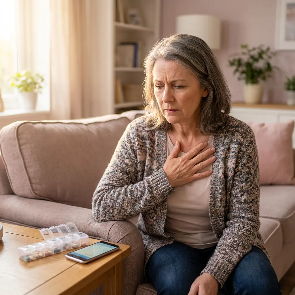 A middle-aged to senior woman with grey hair is depicted sitting on a comfortable, light-colored sofa, clearly experiencing distress. Her face is contorted in a pained or concerned expression as she clutches her left hand to her chest, suggesting discomfort, pain, or a heart-related issue. On the wooden side table beside her, a clear weekly pill organizer filled with various medications and a smartphone with a lit screen are visible, hinting at ongoing health management. The warm, natural light from a window illuminates the left side of the cozy domestic setting, while a bookshelf and other household items populate the background, reinforcing a home environment.

Keywords: Woman, senior, distress, chest pain, pain, discomfort, sofa, living room, pill organizer, medication, smartphone, home, health, anxiety, grey hair, illness, domestic, natural light, concern.