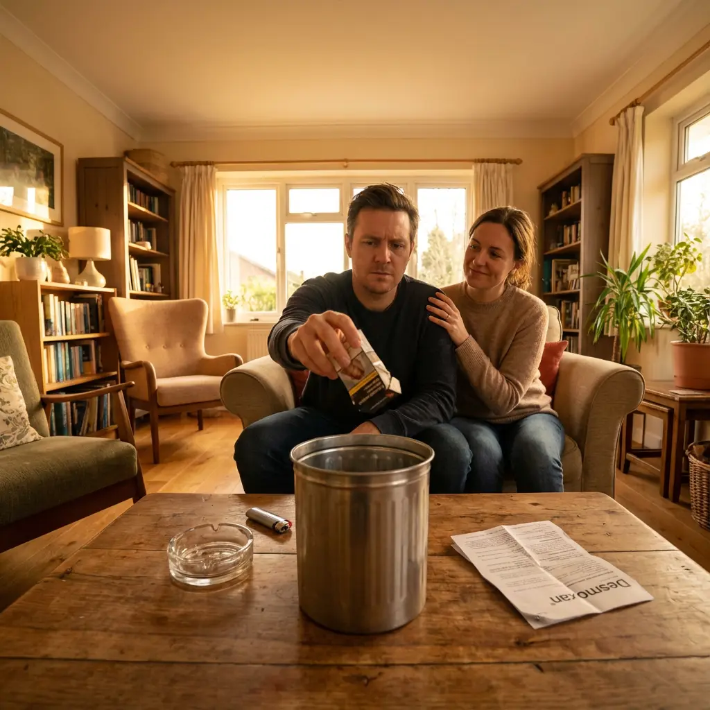 In a warmly lit living room, a man with a serious expression is depicted dropping a cigarette pack into a small, cylindrical metal bin positioned on a rustic wooden coffee table. His female partner sits closely beside him, offering a supportive smile and a reassuring hand on his shoulder, indicating a shared and significant moment. On the table, an empty ashtray, a lighter, and a crumpled piece of paper that appears to be instructions for \
