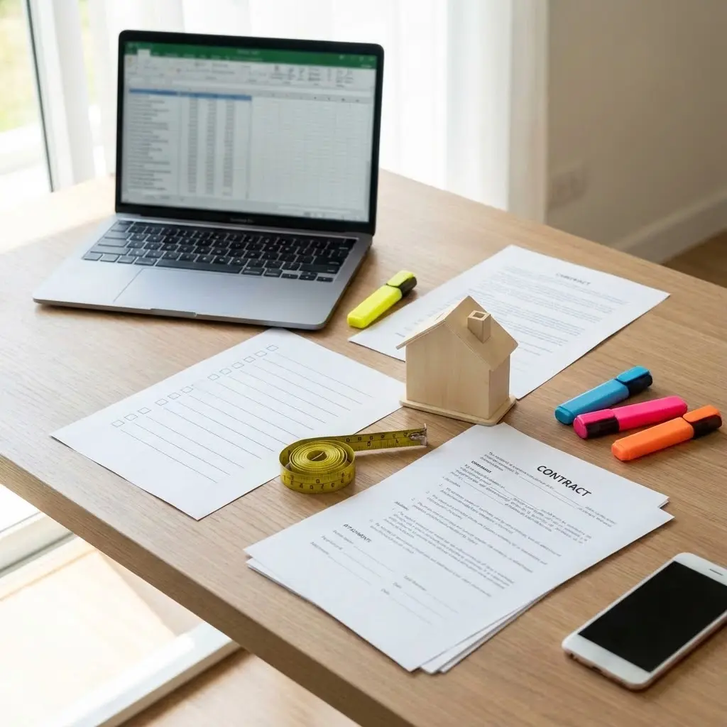 The image depicts a well-organized wooden desk serving as a workspace, likely for tasks related to real estate, construction, or financial planning. In the upper left, a silver laptop is open, displaying an Excel spreadsheet, suggesting data analysis or budget management. Prominently featured in the center is a small, unpainted wooden house model, surrounded by various documents including a paper with checkboxes for a checklist and a stack of papers labeled \