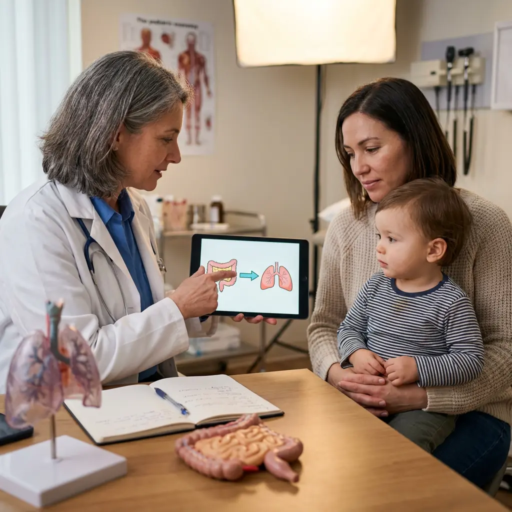 In a well-lit doctor's office, a female doctor wearing a white lab coat and stethoscope is actively explaining a medical concept to a mother and her young child. The doctor points to a digital tablet displaying simplified diagrams of a colon and lungs connected by an arrow, indicating a relationship or process between the organs. The mother holds her attentive toddler on her lap, both looking towards the tablet and the doctor. On the wooden table in the foreground, transparent anatomical models of lungs and a detailed model of the intestines are laid out, alongside an open notebook and pen, further emphasizing the educational nature of the consultation.

Keywords: Doctor, patient, mother, child, toddler, medical consultation, clinic, healthcare, tablet, anatomical model, lungs, colon, intestines, explanation, education, stethoscope, lab coat, medical office, pediatrics, communication.
