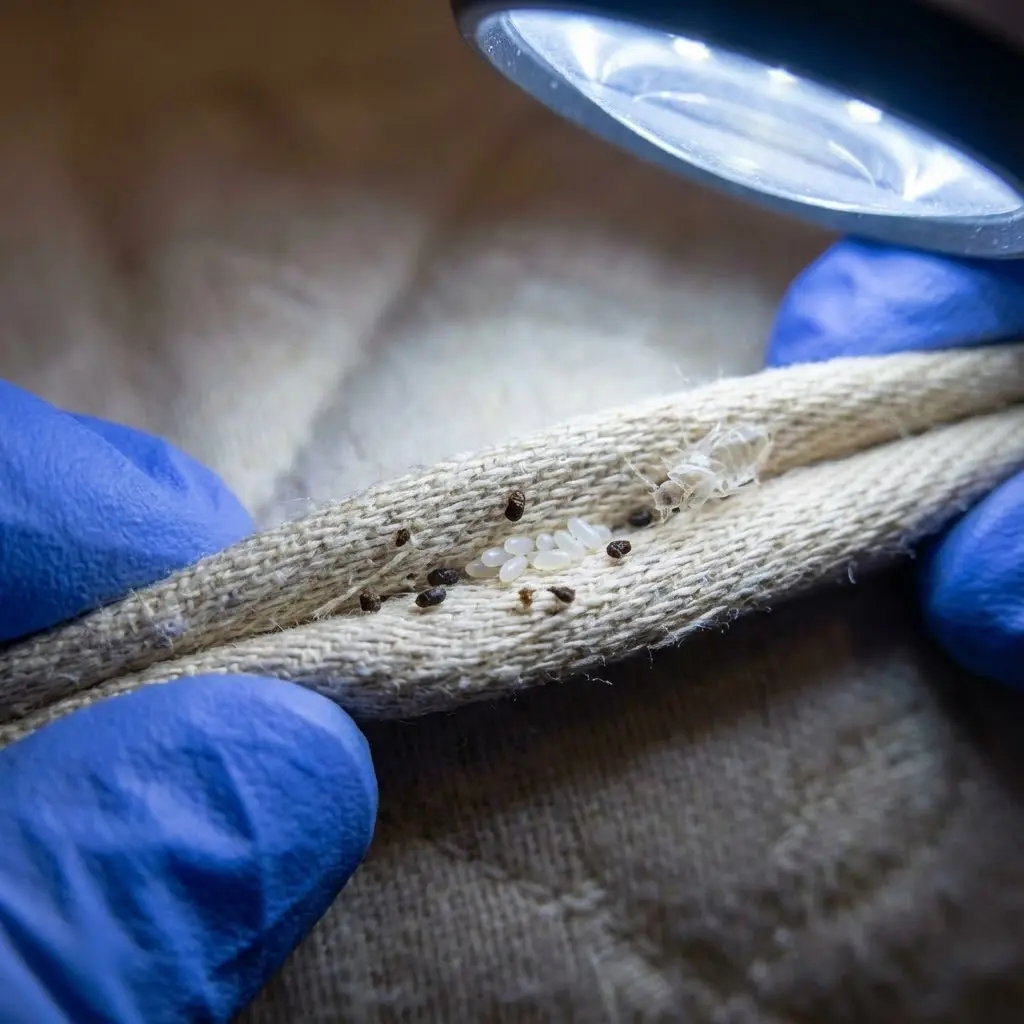 This detailed close-up image captures a professional inspection of a fabric seam, likely from a mattress or upholstered furniture. A person wearing blue protective gloves holds the light-colored, woven fabric, while an illuminated magnifying glass provides enhanced visibility of its surface. The seam is heavily infested with bed bugs at various life stages, clearly showing several dark adult bed bugs and nymphs, alongside clusters of translucent, oval-shaped bed bug eggs. Additionally, dark fecal spots and a distinct translucent shed exoskeleton of a bed bug are visible, indicating an active and established infestation.\n\nBed bugs, infestation, bed bug eggs, nymphs, adult bed bugs, shed exoskeleton, fecal spots, mattress inspection, magnifying glass, pest control, fabric seam, close-up, hygiene problem, parasites, Cimex lectularius, insects, home pest, detailed view, detection.