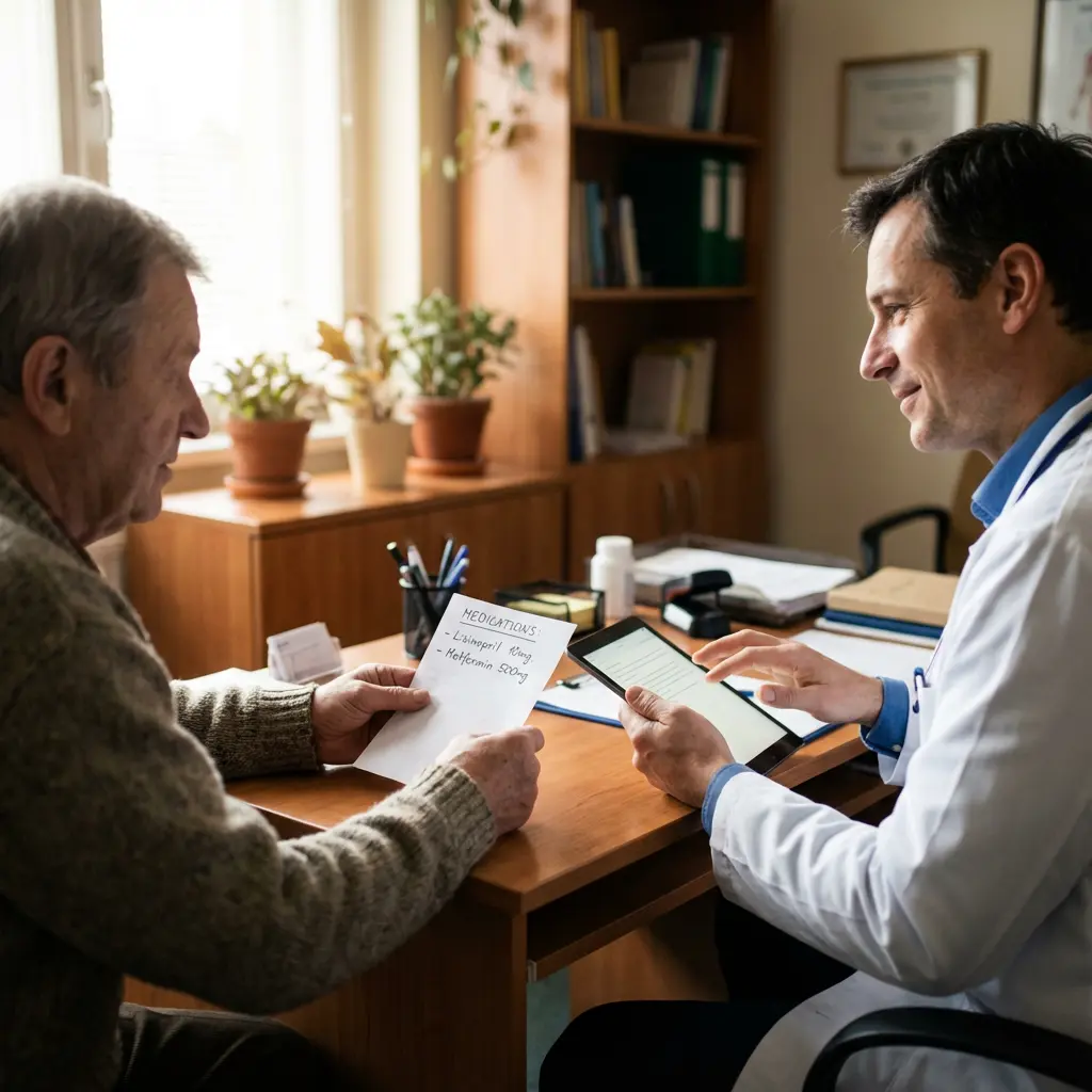 This image depicts a medical consultation taking place in a doctor's office between an elderly male patient and a male doctor. The patient, seated on the left, is holding a handwritten note that clearly lists \