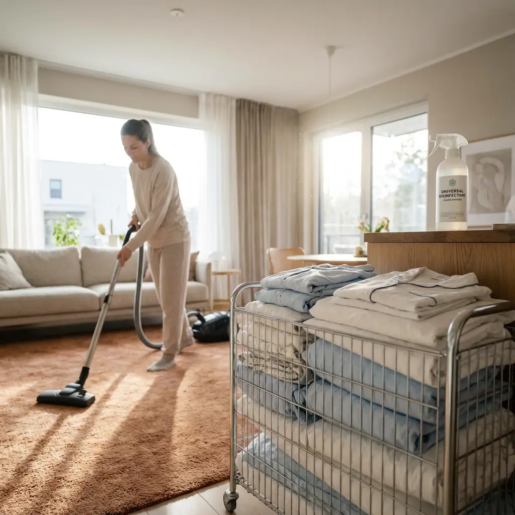 This bright indoor scene depicts a woman diligently cleaning a modern living room. Dressed in comfortable light-colored loungewear, she is actively vacuuming a large, textured orange rug with a long-handled vacuum cleaner. In the foreground, a multi-tiered metal rolling cart is neatly stacked with folded bed linen or clothing, primarily in shades of blue and white. Perched on a wooden surface next to the cart, a white spray bottle labeled \