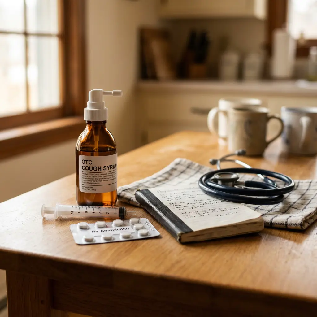 This image displays a collection of medical and health-related items meticulously arranged on a light wooden table, suggesting a home care or self-treatment scenario. Prominently featured are an amber bottle labeled \
