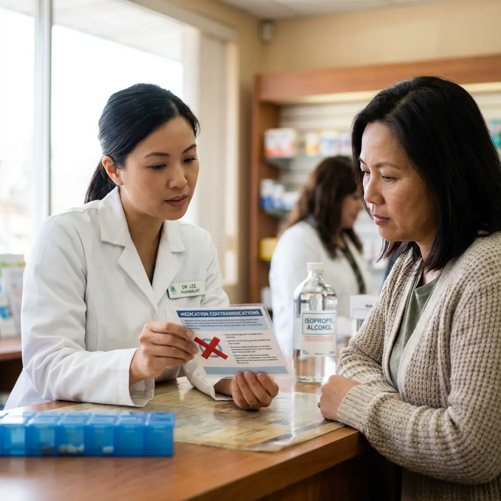This image shows an interaction between a pharmacist and a customer at a pharmacy counter. An Asian female pharmacist, wearing a white lab coat with a \