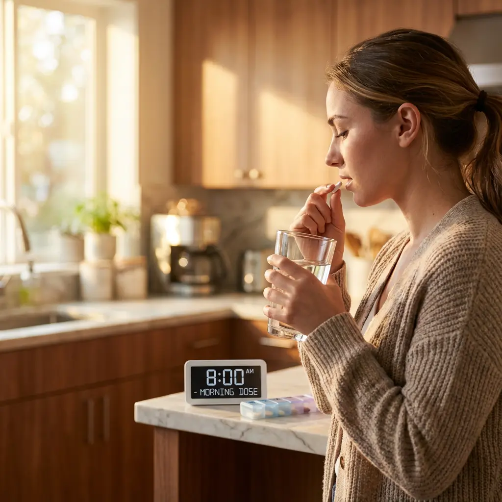 This image captures a young woman in a brightly lit kitchen, in the process of taking a pill with a glass of water. She holds a small white pill between her fingers, poised to take it, while a clear glass filled with water is held in her other hand. On the marble countertop beside her, a white digital alarm clock prominently displays \