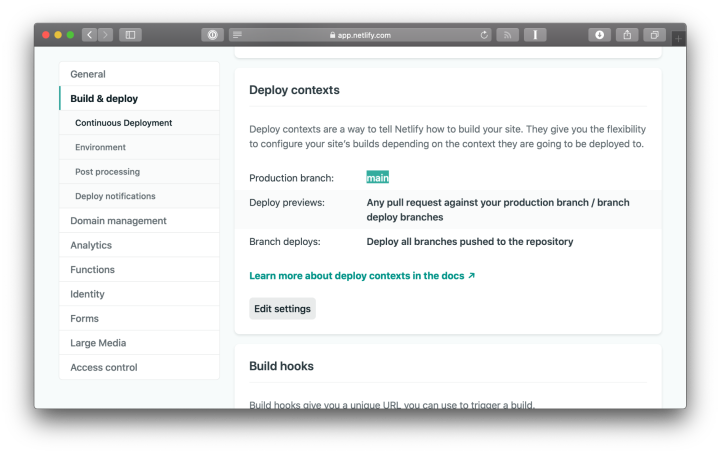 Netlify Build & Deploy settings page showing default production branch setting