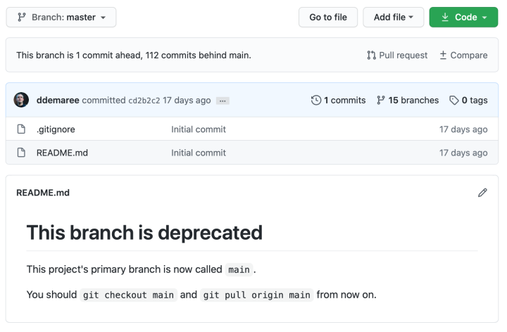 Screenshot of master branch deprecation message on GitHub web interface