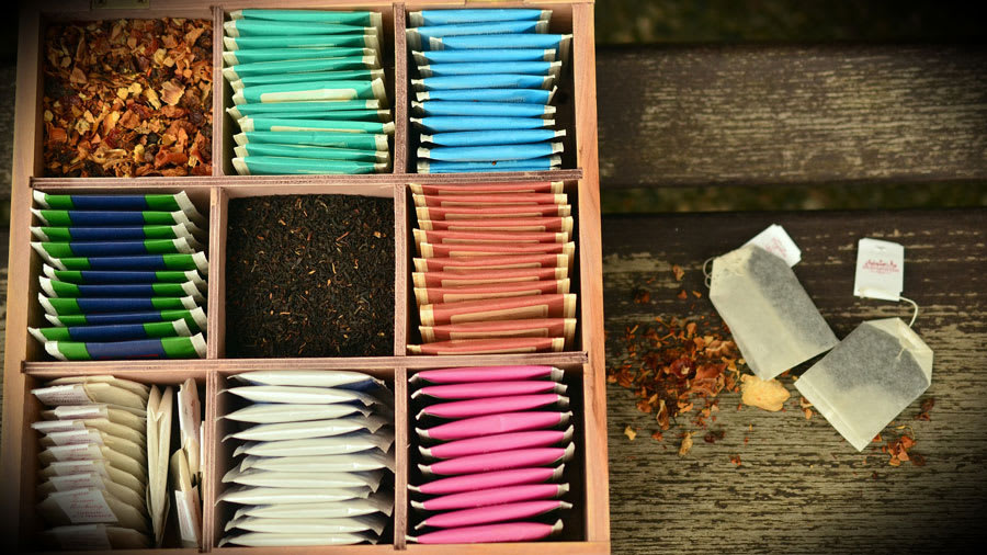 wooded box of assorted tea bags