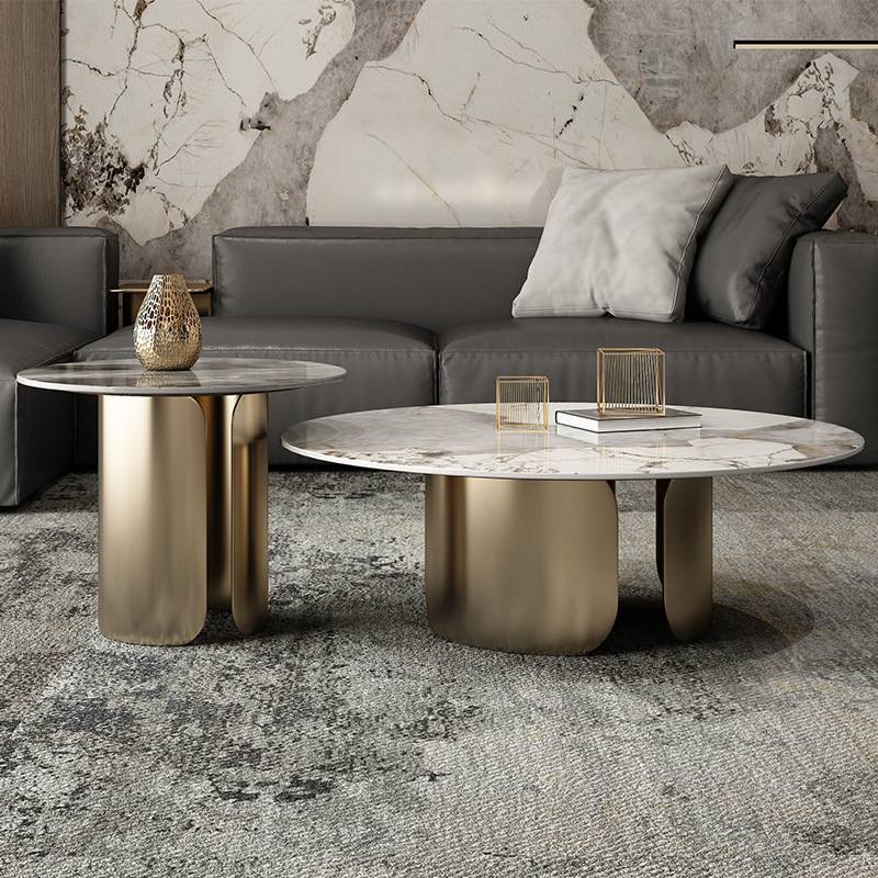 Modern Nested Center Coffee Table With Matte Golden Finish And Marble Top