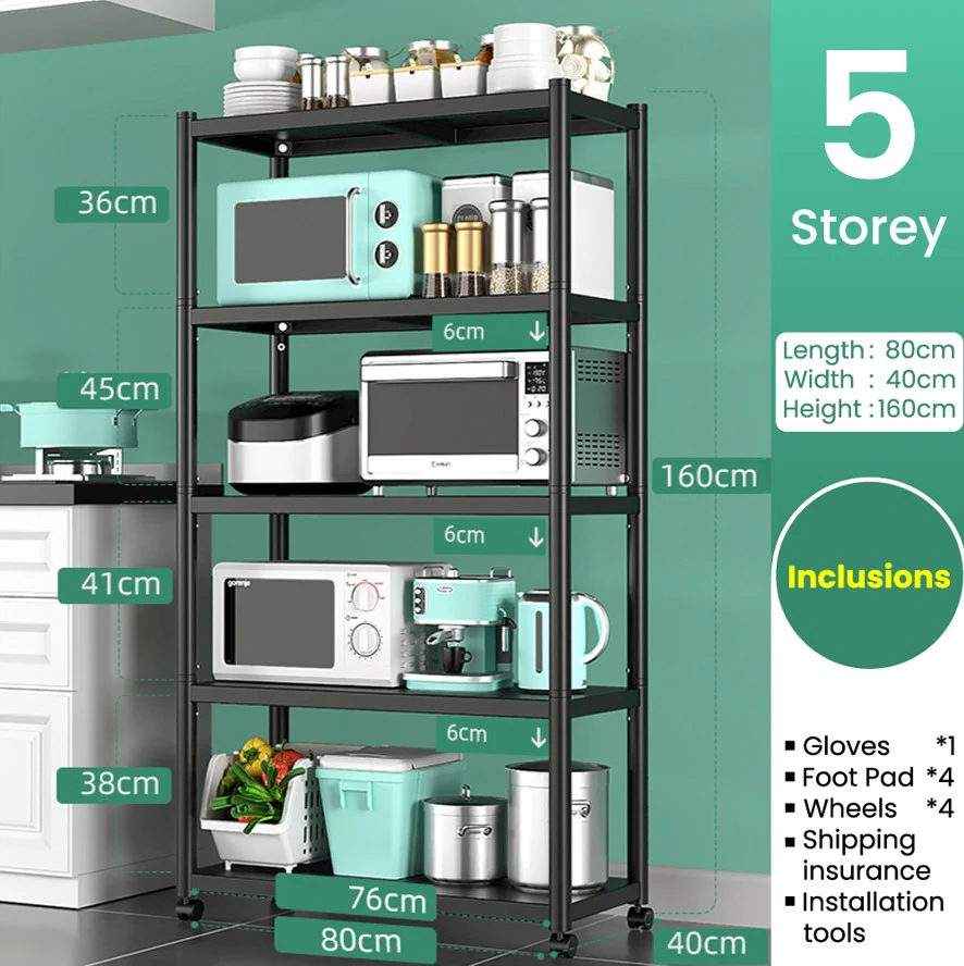 Multi-Level Shelving Storage Rack With Wheels - BLACK