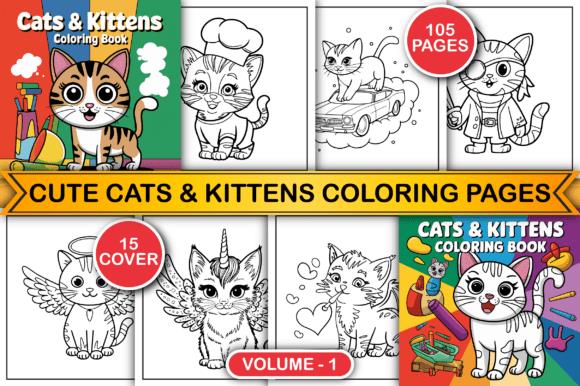 Cute Cats & Kittens Coloring Pages collection with yellow banner and red volume markers