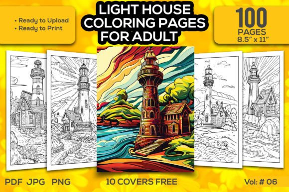 Lighthouse coloring pages collection with vibrant example and line art templates